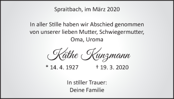 Traueranzeige von Käthe Kunzmann von Gmünder Tagespost