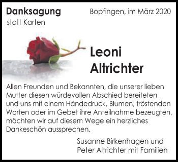 Traueranzeige von Leoni Altrichter von Bopfinger Stadtanzeiger