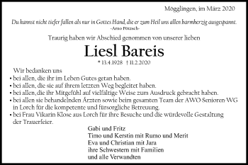 Traueranzeige von Liesl Bareis von Gmünder Tagespost