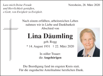 Traueranzeige von Lina Däumling von Schwäbische Post