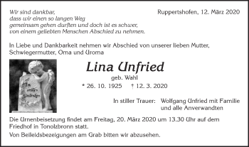 Traueranzeige von Lina Unfried von Gmünder Tagespost