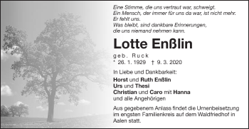 Traueranzeige von Lotte Enßlin von Schwäbische Post