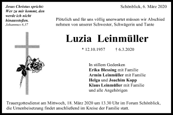 Traueranzeige von Luzia Leinmüller von Gmünder Tagespost