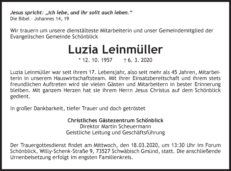  Traueranzeige für Luzia Leinmüller vom 12.03.2020 aus Gmünder Tagespost