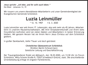 Traueranzeige von Luzia Leinmüller
