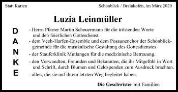 Traueranzeige von Luzia Leinmüller von Gmünder Tagespost