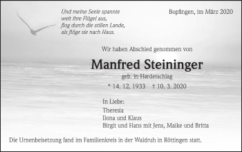 Traueranzeige von Manfred Steininger  von Schwäbische Post