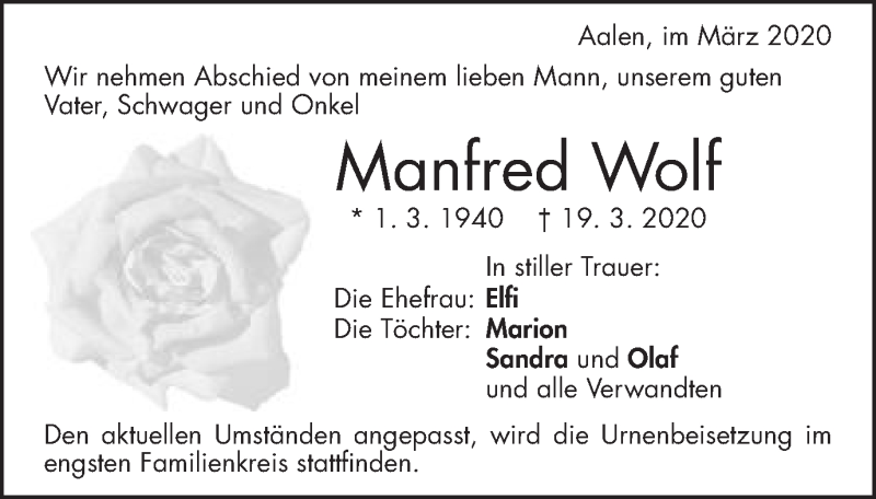  Traueranzeige für Manfred Wolf vom 24.03.2020 aus Schwäbische Post
