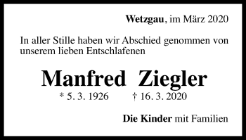 Traueranzeige von Manfred Ziegler von Gmünder Tagespost
