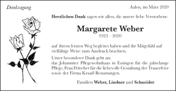 Traueranzeige von Margarete Weber von Schwäbische Post