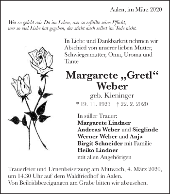 Traueranzeige von Margarete Weber von Schwäbische Post