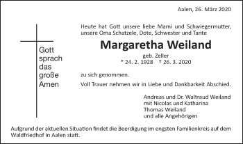 Traueranzeige von Margaretha Weiland von Schwäbische Post