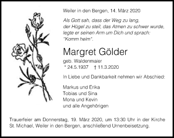 Traueranzeige von Margret Gölder von Gmünder Tagespost
