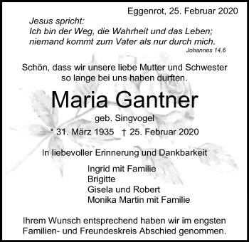 Traueranzeige von Maria Gantner von Schwäbische Post