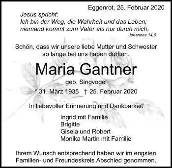 Traueranzeige von Maria Gantner