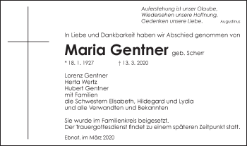 Traueranzeige von Maria Gentner von Schwäbische Post