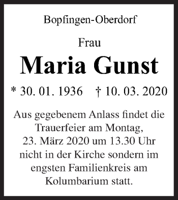 Traueranzeige von Maria Gunst von Schwäbische Post