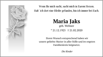 Traueranzeige von Maria Jaks von Gmünder Tagespost