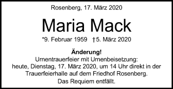 Traueranzeige von Maria Mack von Schwäbische Post
