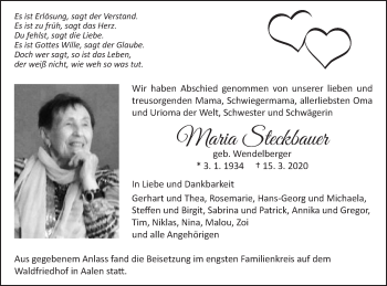 Traueranzeige von Maria Steckbauer von Schwäbische Post
