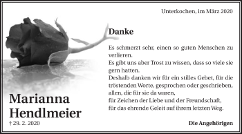 Traueranzeige von Marianna Hendlmeier von Schwäbische Post