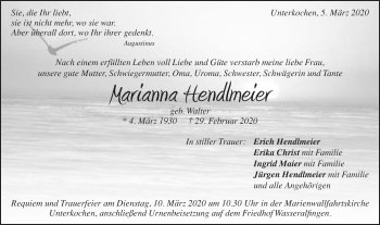 Traueranzeige von Marianna Hendlmeier von Schwäbische Post