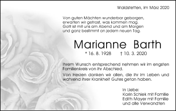 Traueranzeige von Marianne Barth von Gmünder Tagespost