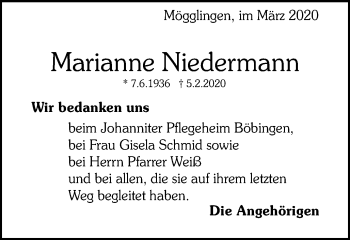 Traueranzeige von Marianne Niedermann von Gmünder Tagespost
