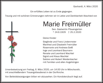 Traueranzeige von Marie Freimüller von Schwäbische Post