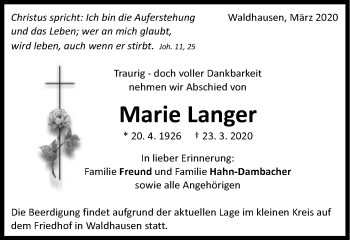 Traueranzeige von Marie Langer von Schwäbische Post