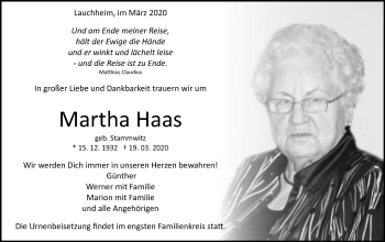 Traueranzeige von Martha Haas von Schwäbische Post