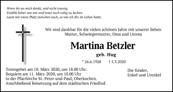 Traueranzeige von Martina Betzler von Schwäbische Post