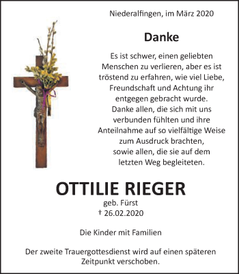 Traueranzeige von Ottilie Rieger von Schwäbische Post
