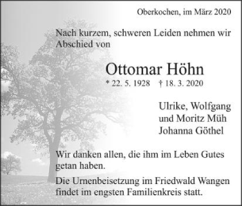 Traueranzeige von Ottomar Höhn von Amtsblatt_Oko