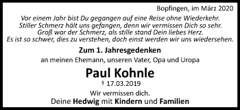 Traueranzeige von Paul Kohnle von Schwäbische Post