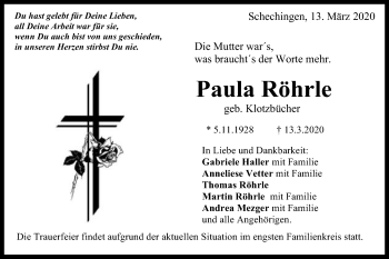 Traueranzeige von Paula Röhrle von Gmünder Tagespost