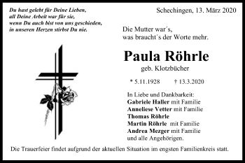 Traueranzeige von Paula Röhrle