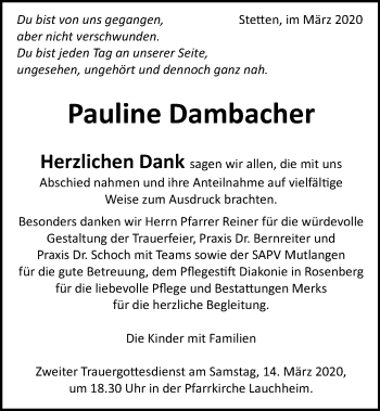 Traueranzeige von Pauline Dambacher von Schwäbische Post