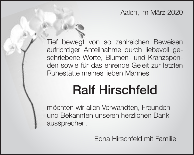  Traueranzeige für Ralf Hirschfeld vom 20.03.2020 aus Schwäbische Post