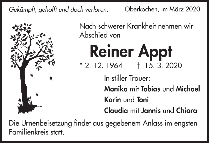  Traueranzeige für Reiner Appt vom 19.03.2020 aus Schwäbische Post