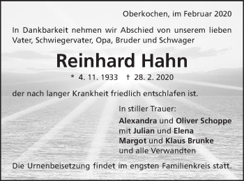 Traueranzeige von Reinhard Hahn von Amtsblatt_Oko