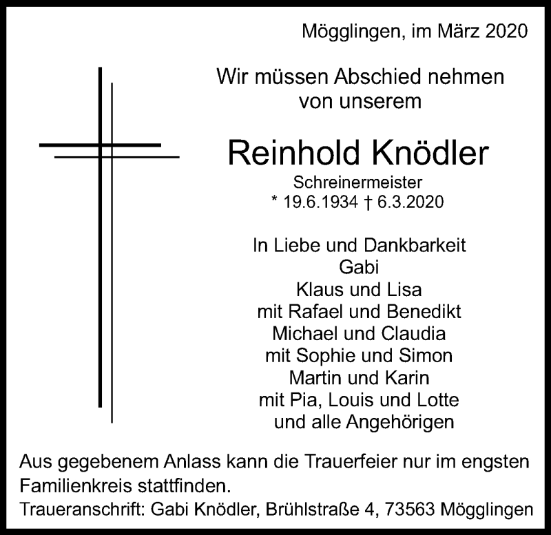  Traueranzeige für Reinhold Knödler vom 16.03.2020 aus Gmünder Tagespost