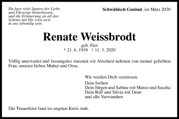 Traueranzeige von Renate Weissbrodt von Gmünder Tagespost