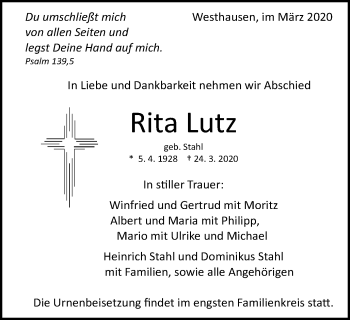 Traueranzeige von Rita Lutz von Schwäbische Post