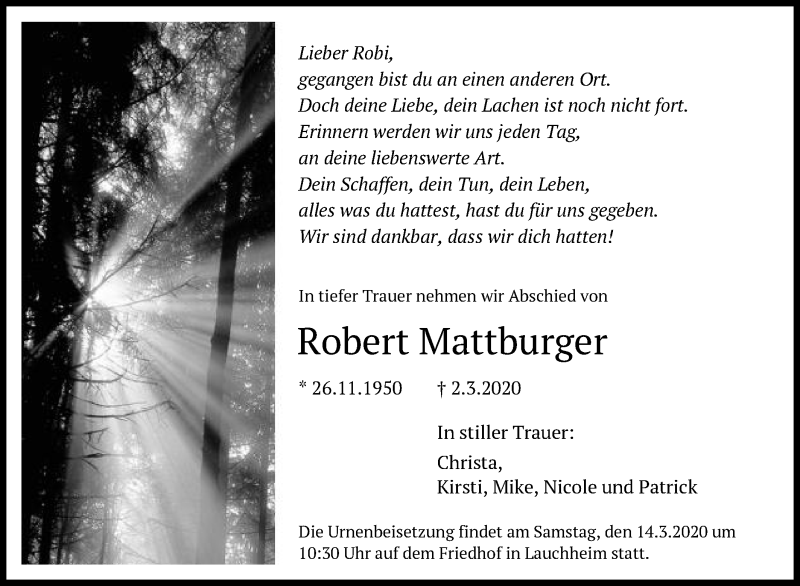  Traueranzeige für Robert Mattburger vom 09.03.2020 aus Schwäbische Post