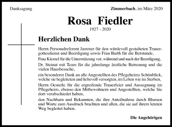 Traueranzeige von Rosa Fiedler von Gmünder Tagespost