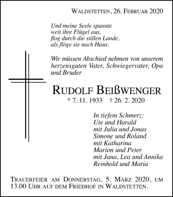 Traueranzeige von Rudolf Beißwenger von Gmünder Tagespost