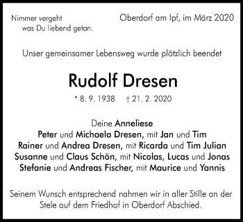 Traueranzeige von Rudolf Dresen von Schwäbische Post