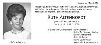 Traueranzeige von Ruth Altenhordt von Schwäbische Post