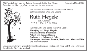 Traueranzeige von Ruth Hegele von Schwäbische Post